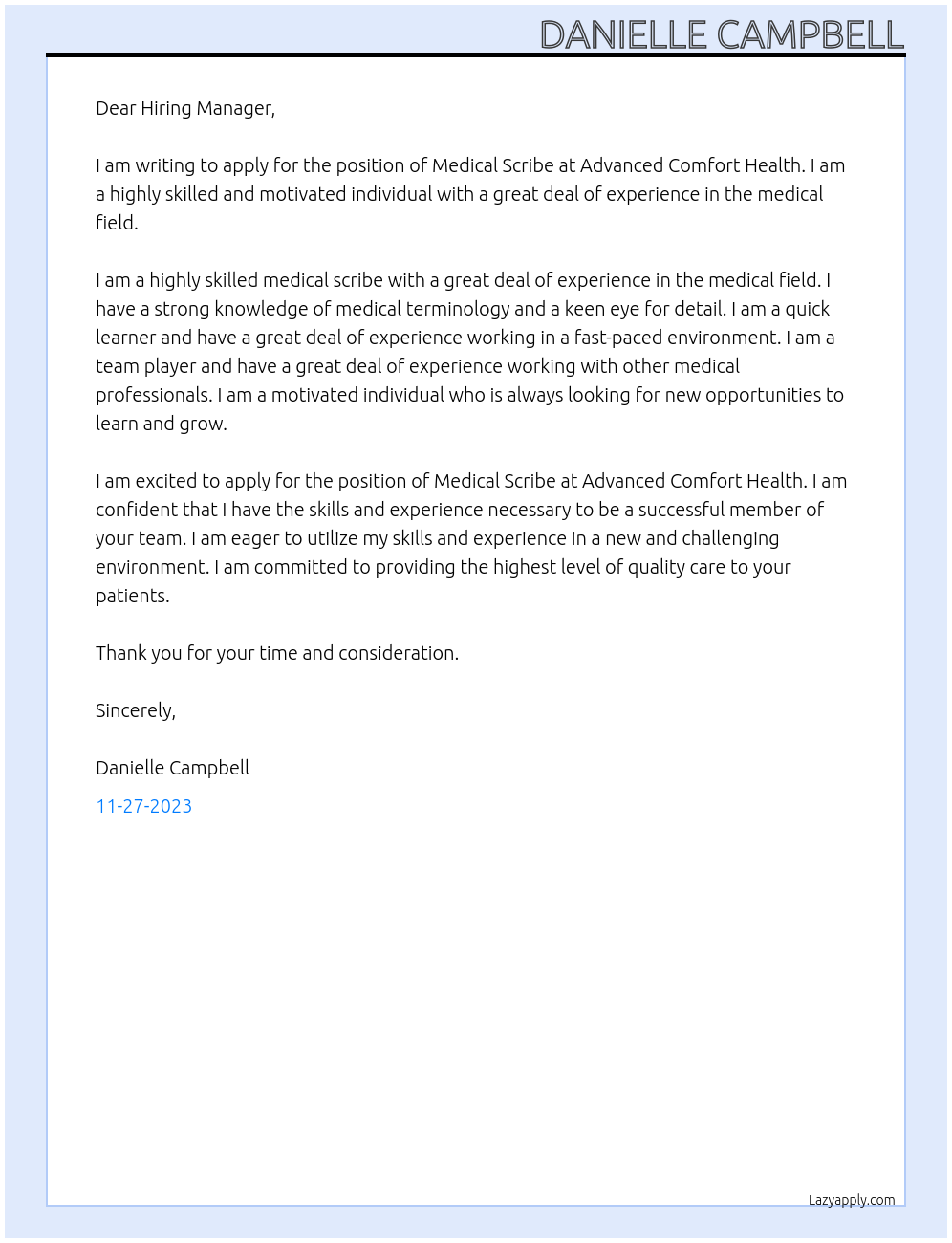 Medical Scribe At Advanced Comfort Health Cover Letter