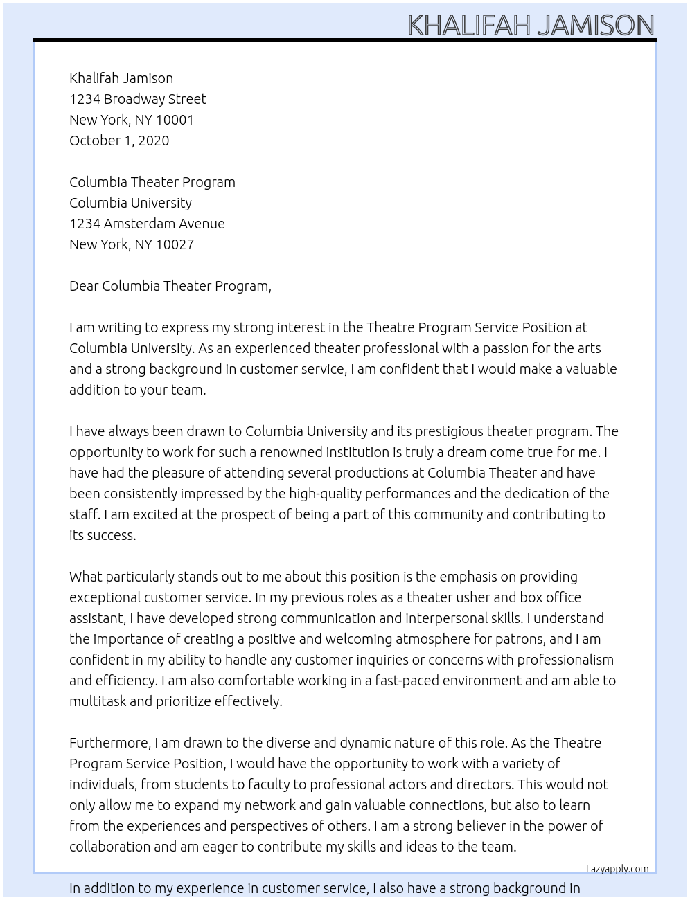 Theatre Program Service Position At Columbia UNiversity Cover Letter