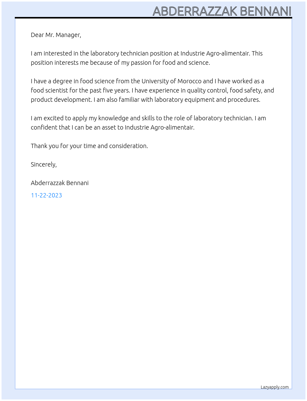 laboratory technician At Industrie Agro-alimentair Cover Letter