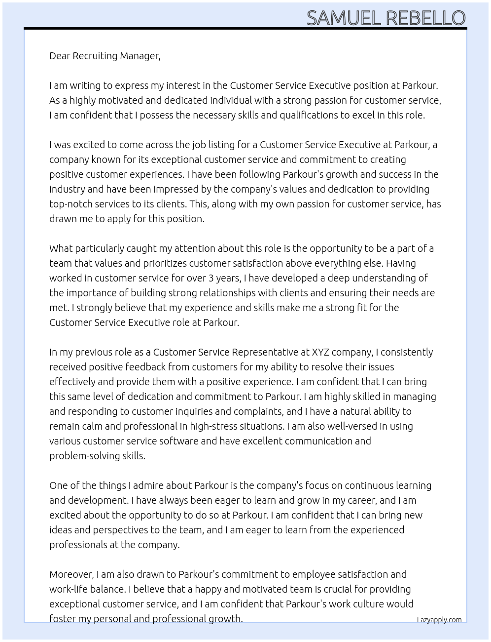 Customer Service Executive At Parkour Cover Letter