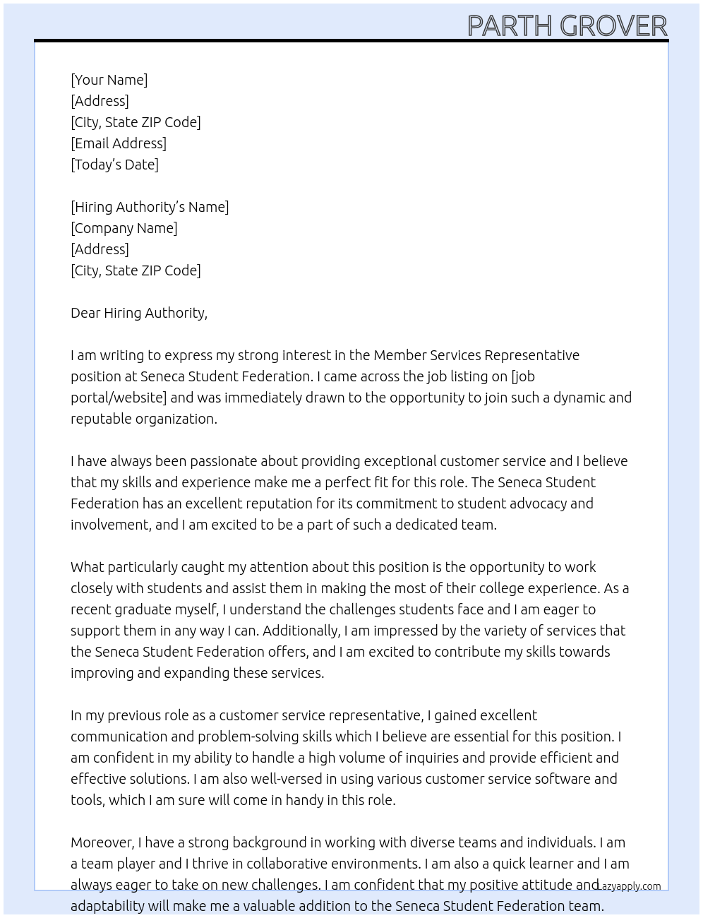 Member services representative At Seneca Student Federation Cover Letter