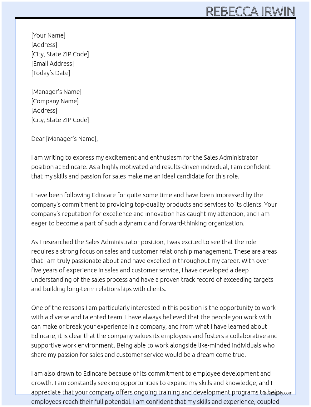 Sales Administrator At Edincare Cover Letter