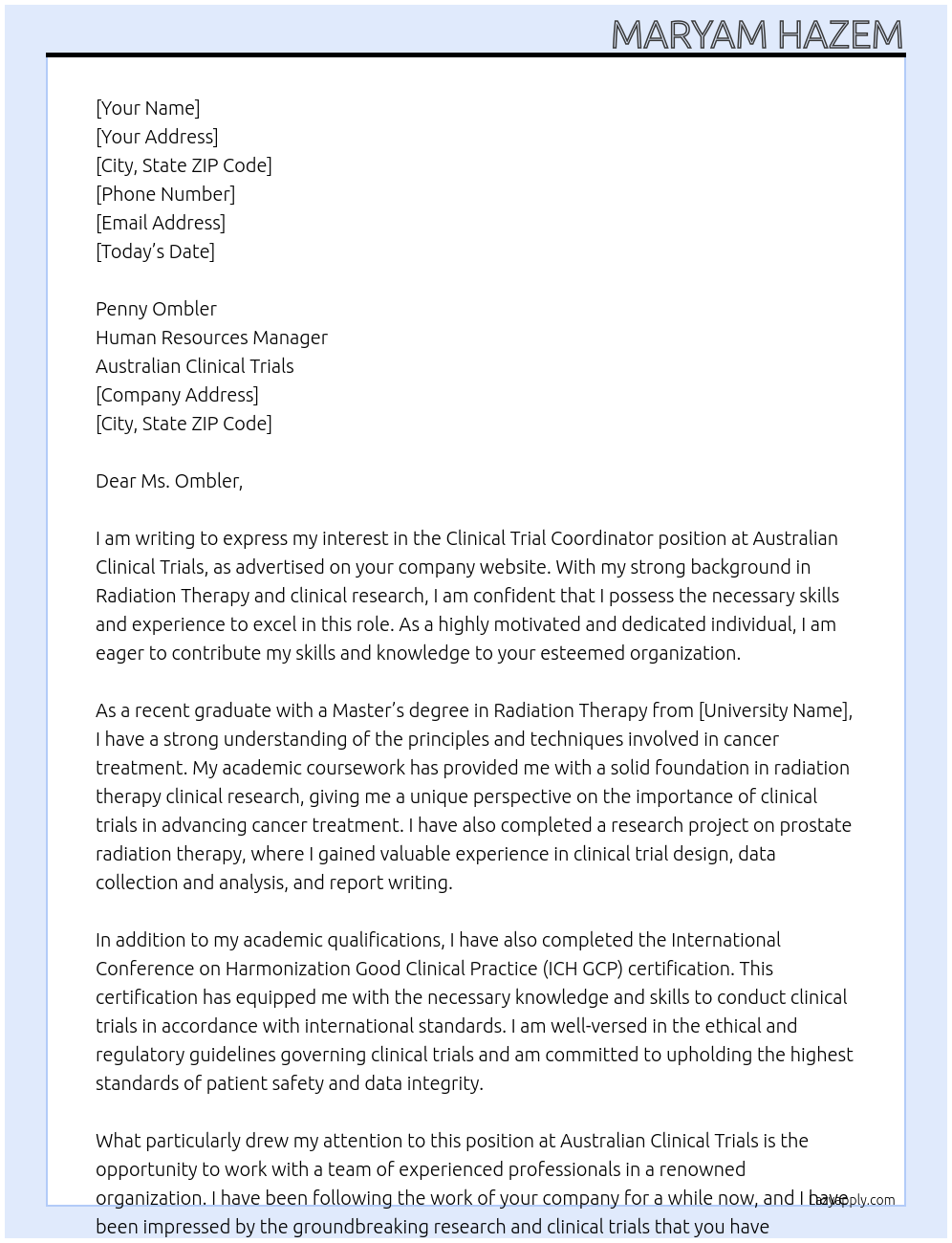 Cover letter for clinical trial coordinator - LazyApply