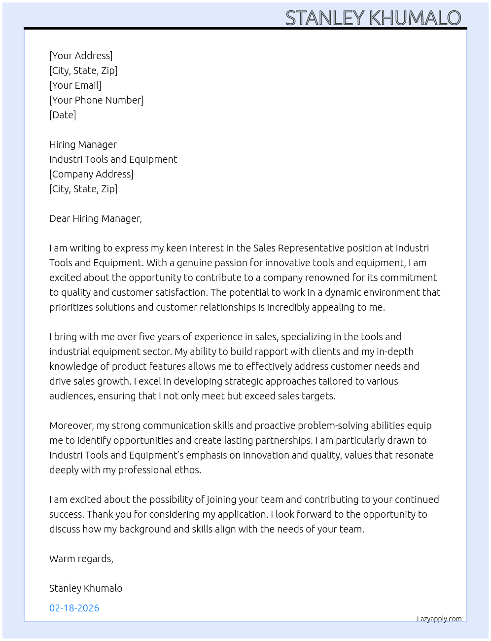 Sales Representative  At Industri tools and equipment  Cover Letter