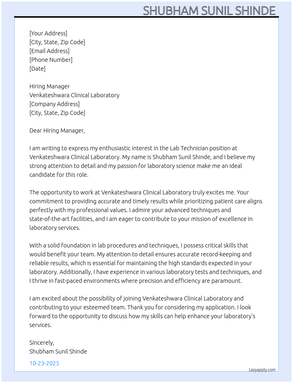LAB TECHNICIAN At VENKATESHWARA CLINICAL LABORATORY Cover Letter