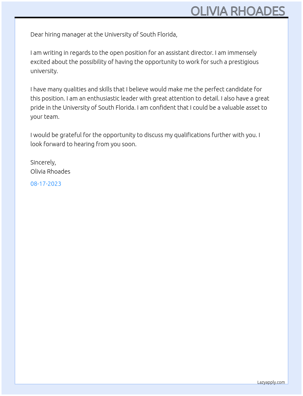 Assistant director At University of south Florida Cover Letter