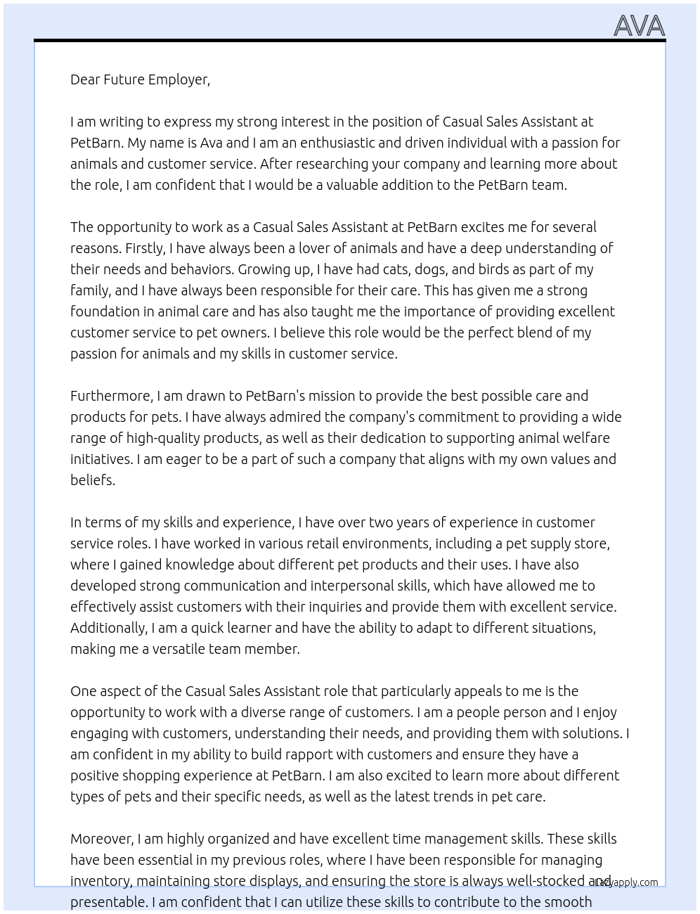 casual sales assistant At PetBarn Cover Letter