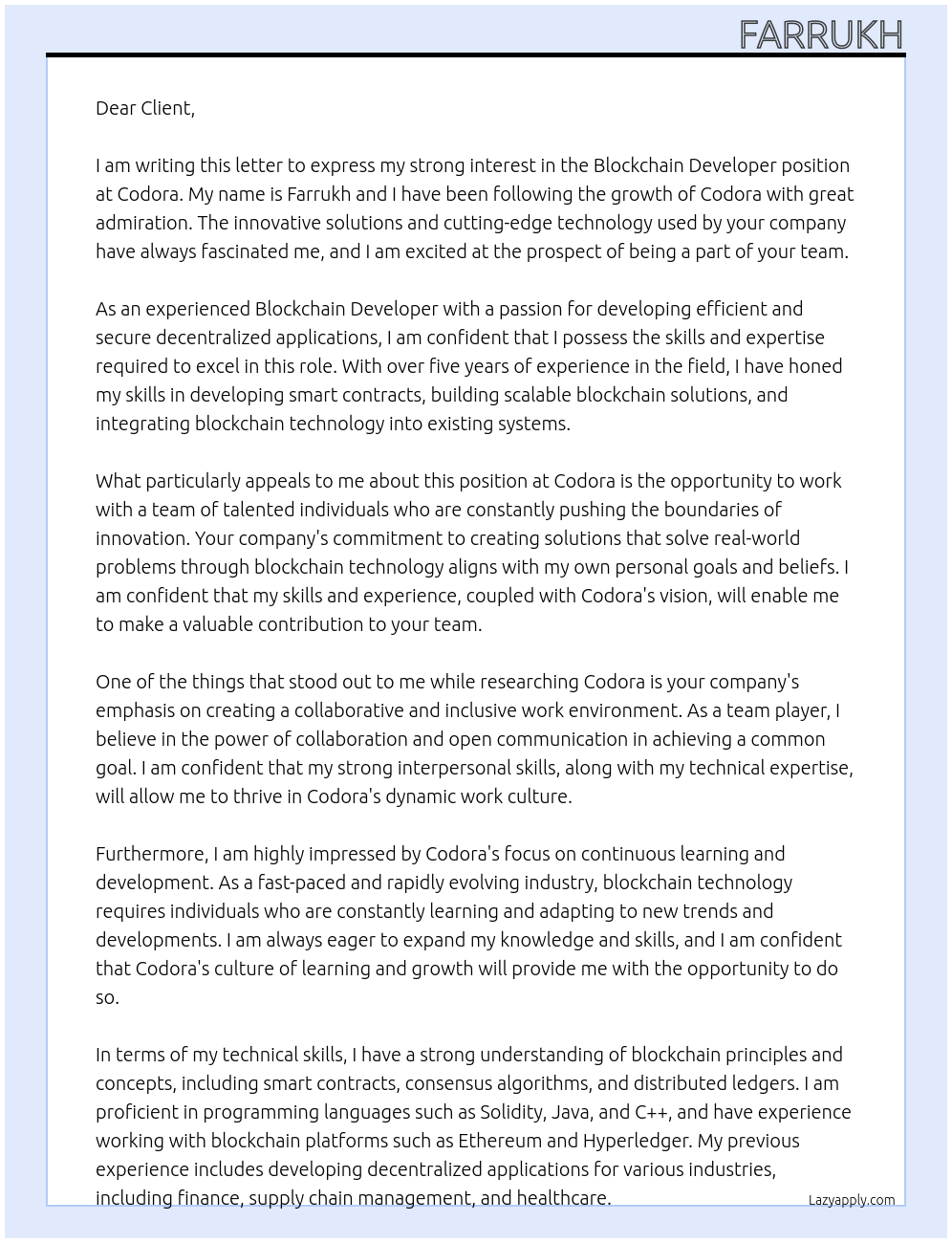 Blockchain developer At Codora Cover Letter