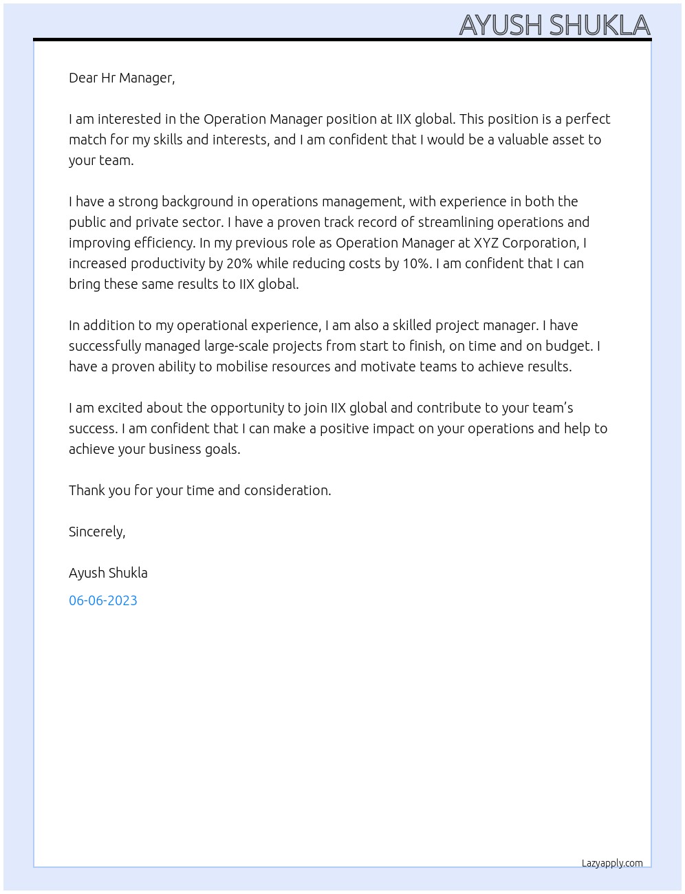 Operation Manager At IIX global Cover Letter