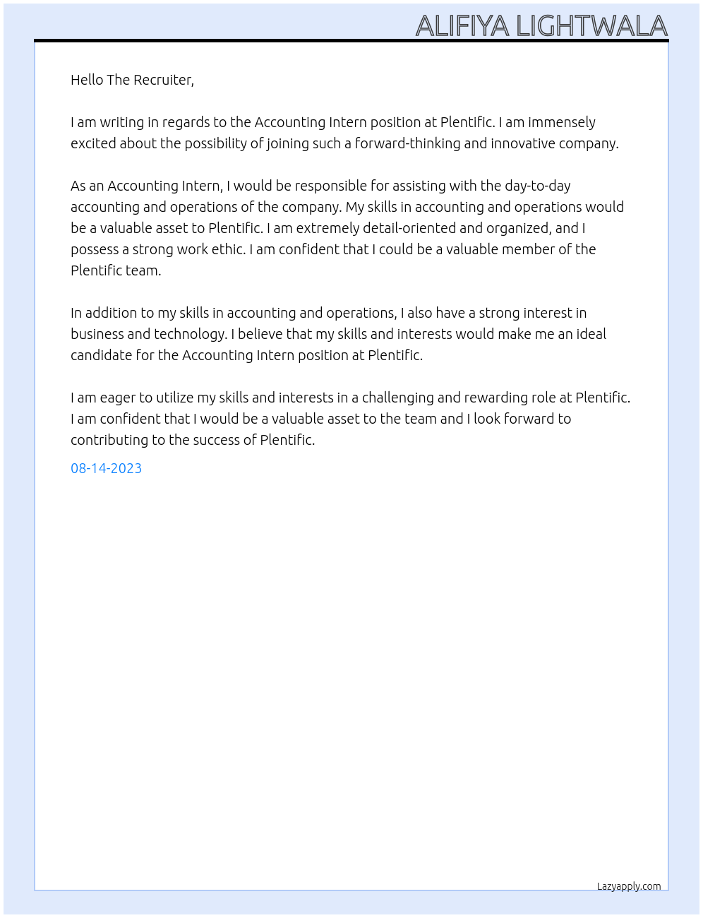 Accounting Intern At Plentific Cover Letter