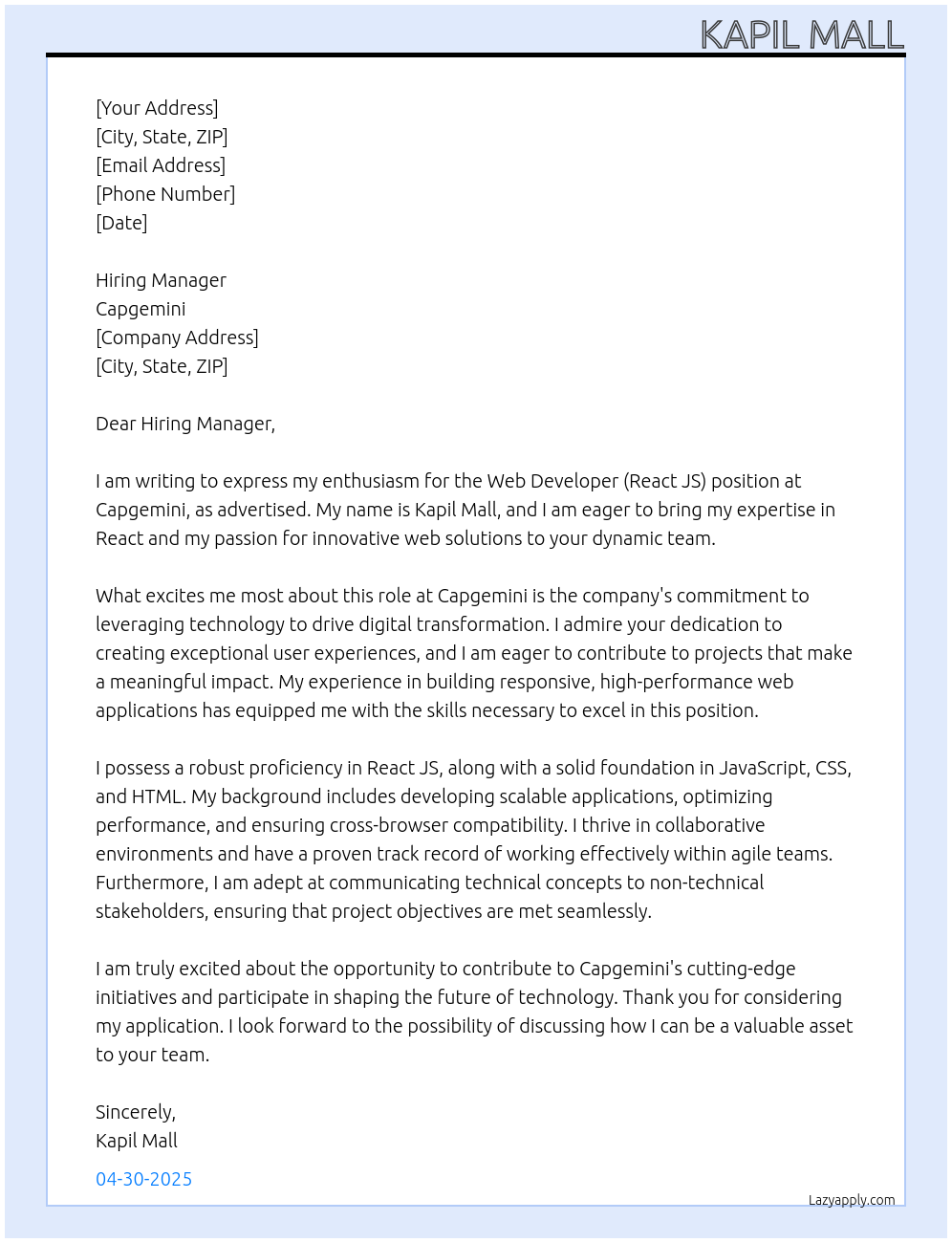 Cover letter for web developer react js - LazyApply