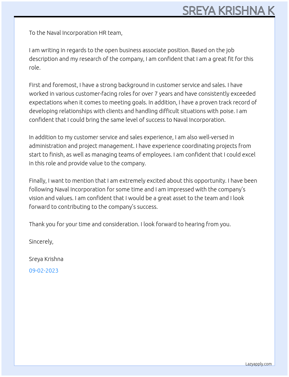 Business associate At Naval Incorporation Cover Letter