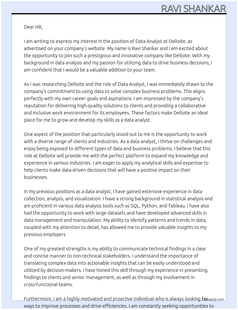 Data Analyst At Delloite Cover Letter