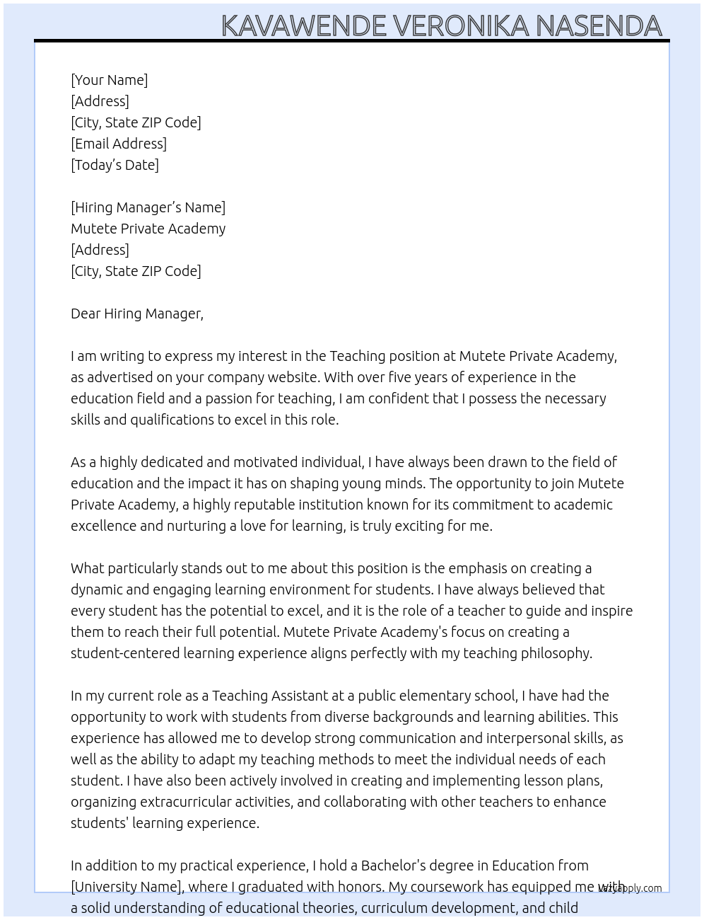 Teaching At Mutete private Academy Cover Letter