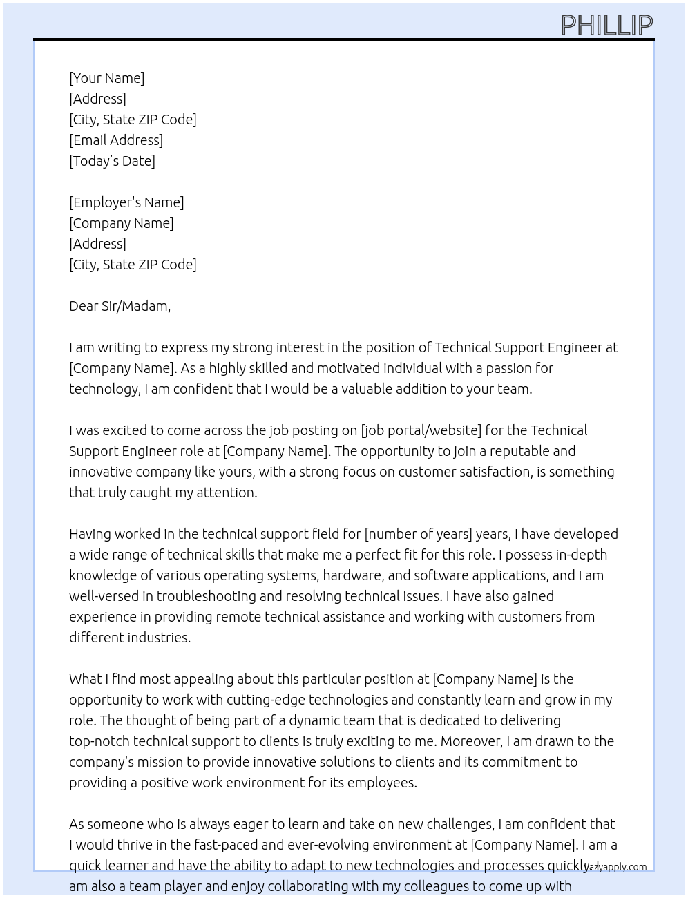 Technical Support Engineer At x Cover Letter