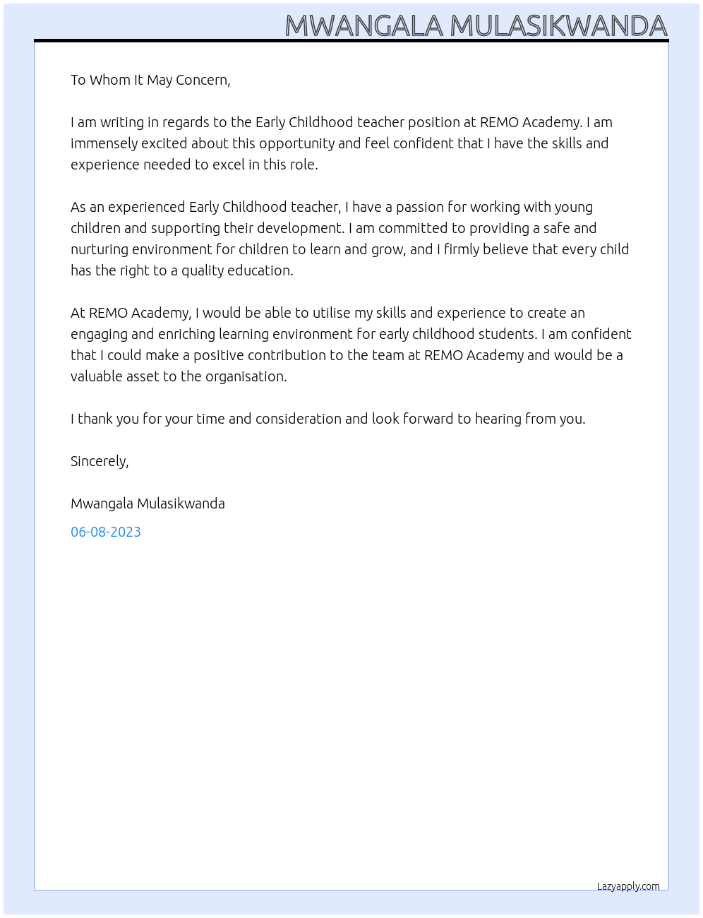 Early Childhood teacher At REMO Academy Cover Letter