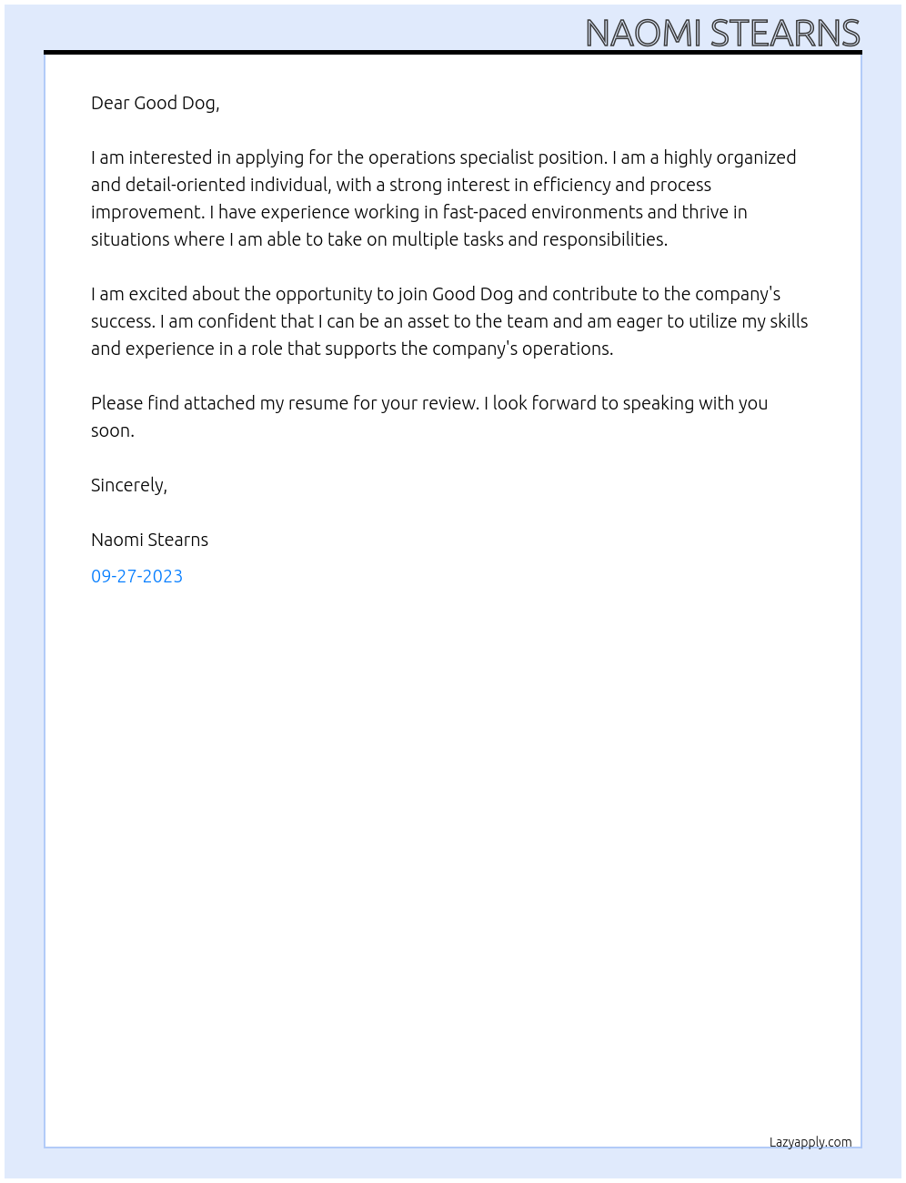 operations specialist At Good Dog Cover Letter