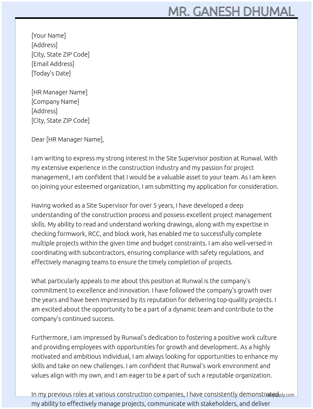 Site supervisor At Runwal Cover Letter