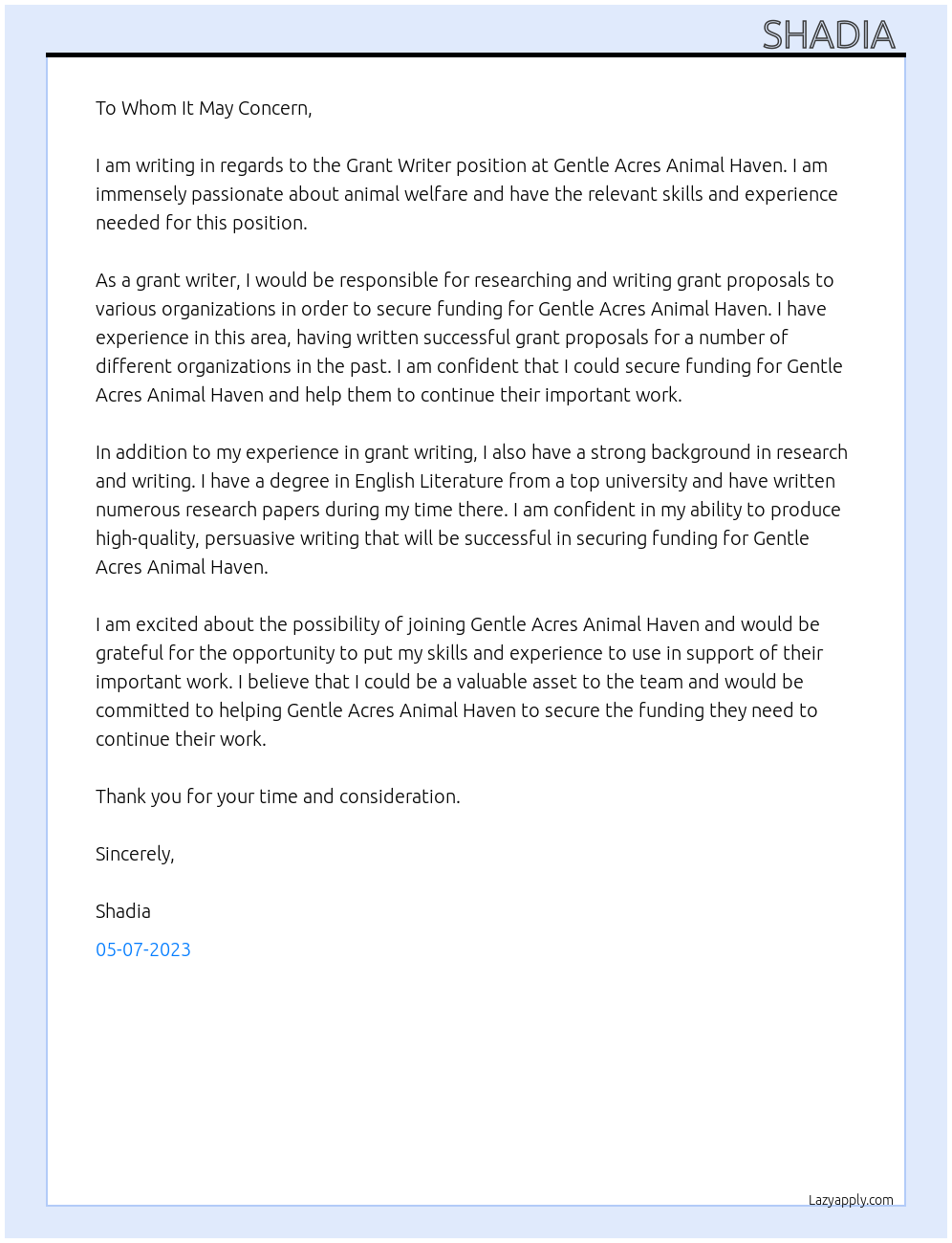 Grant Writer At Gentle Acres Animal Haven Cover Letter