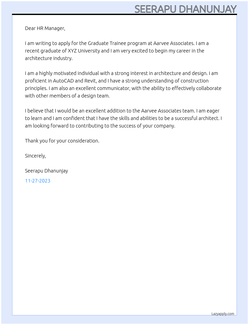 Graduate Trainee program At AARVEE ASSOCIATES Cover Letter