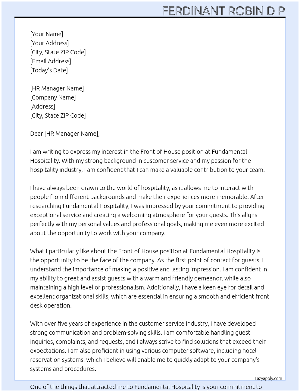 Front of house At Fundamental hospitality Cover Letter