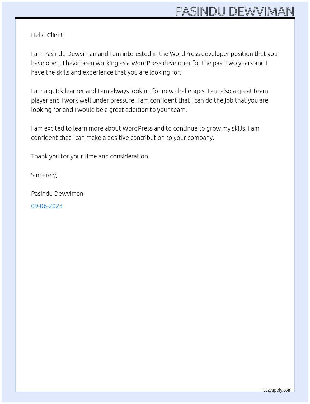WordPress developer At Client Cover Letter