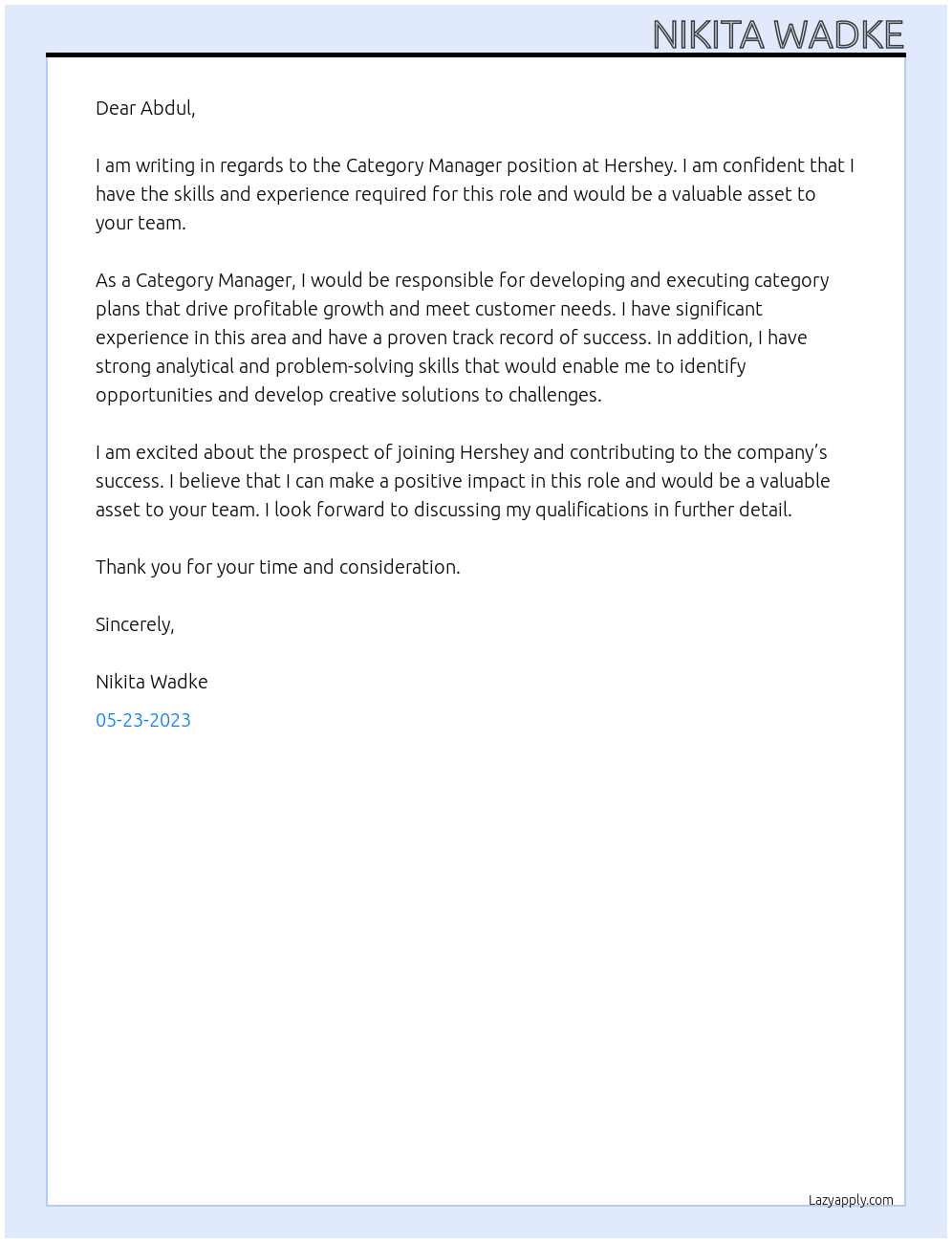 Category Manager At Hershey Cover Letter