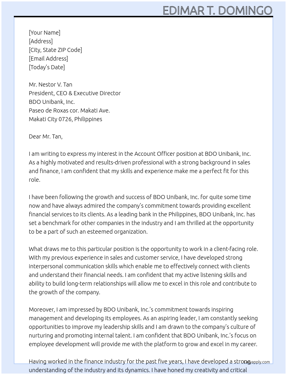 Account Officer At BDO Unibank, Inc Cover Letter