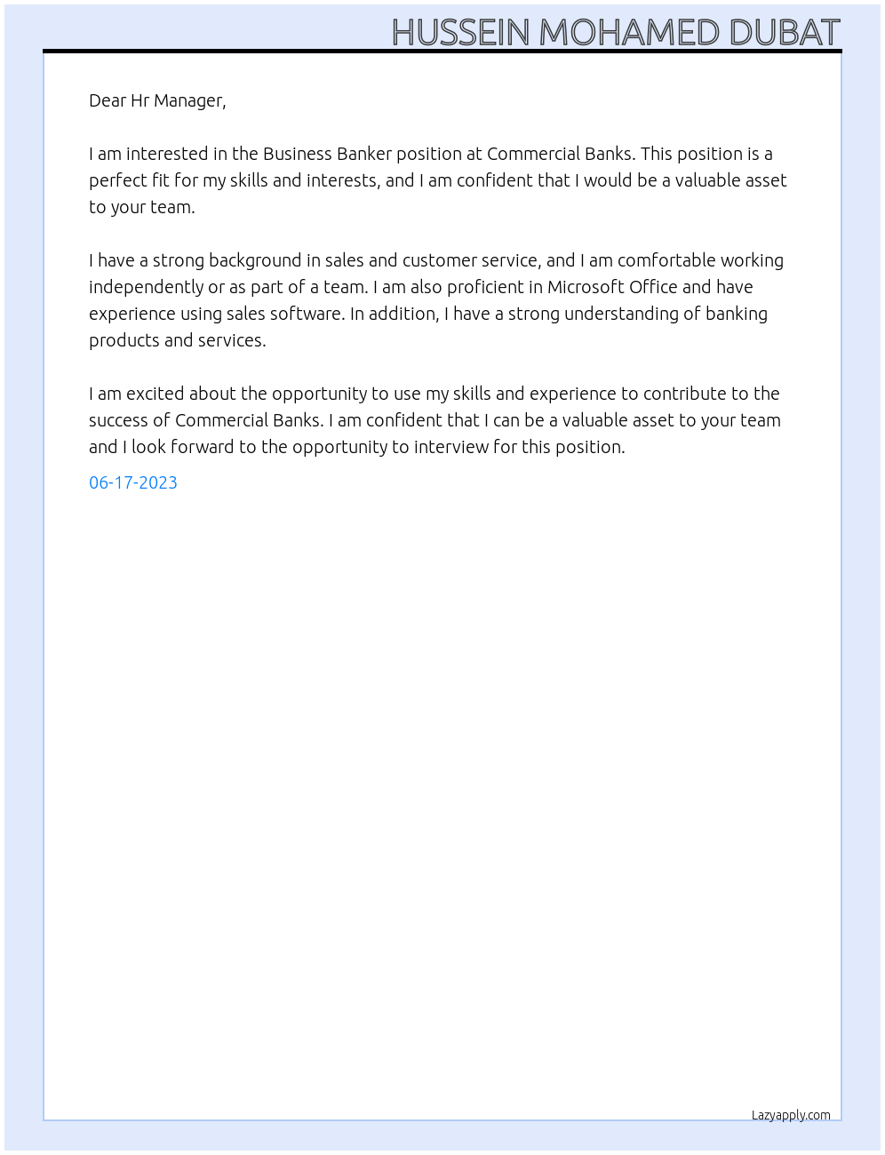 Business Banker  At Commercial Banks Cover Letter