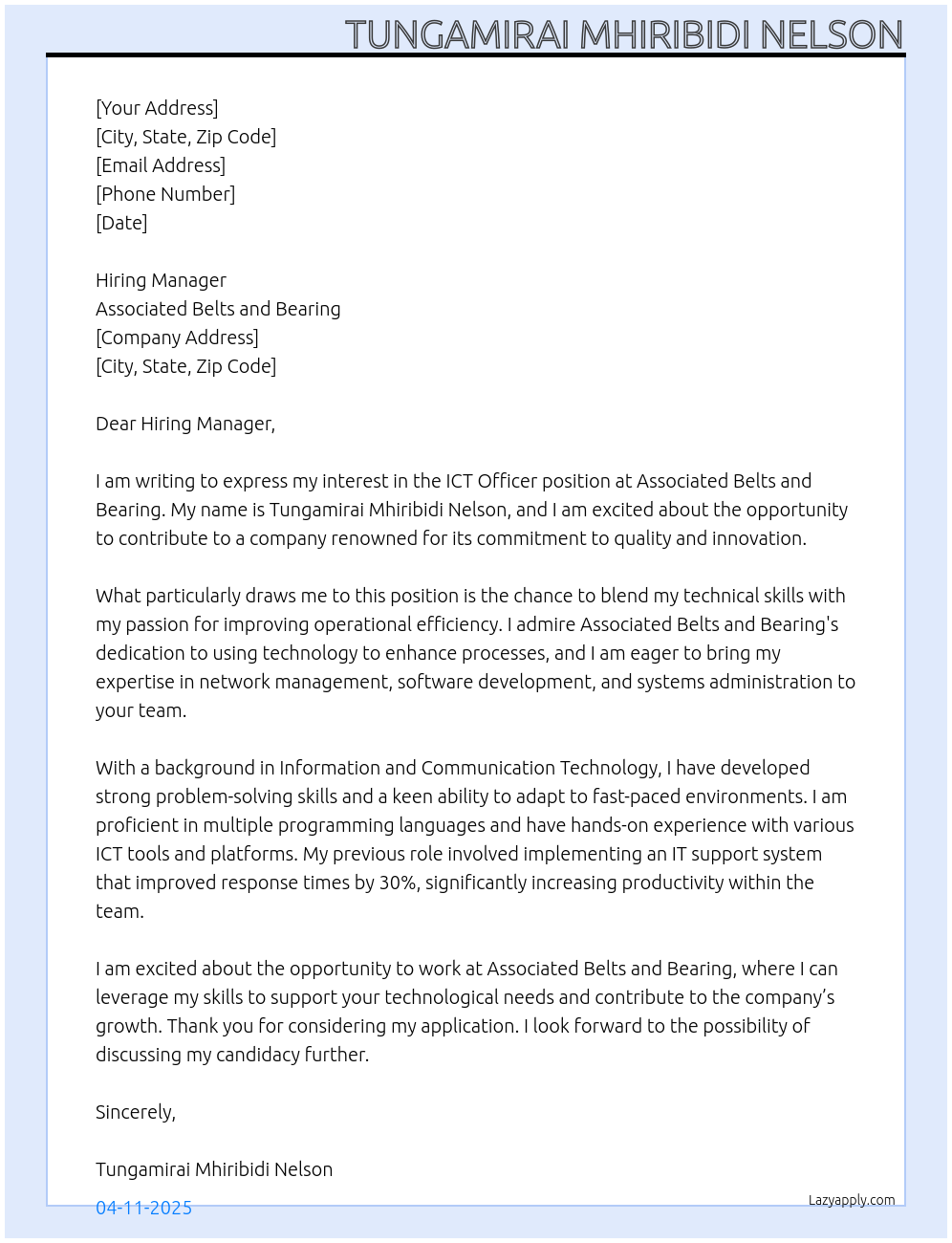 ICT officer At Associated Belts and Bearing Cover Letter