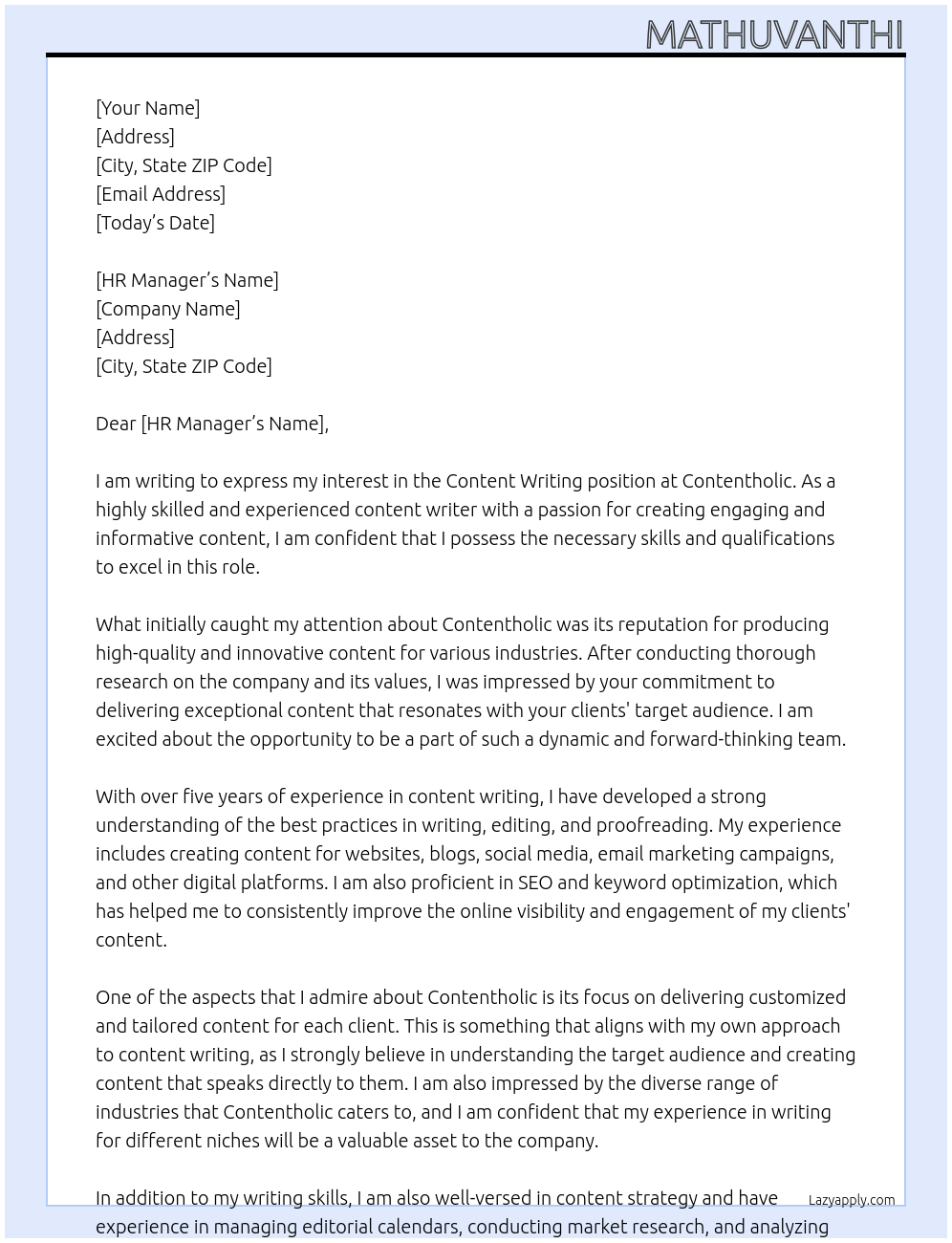 Content writing At Contentholic Cover Letter