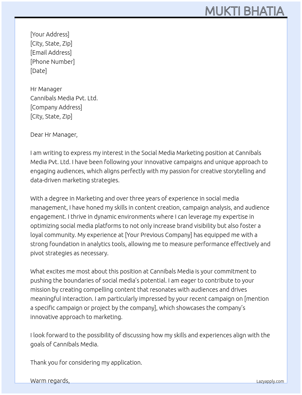 Social Media Marketing At Cannibals Media Pvt. Ltd  Cover Letter