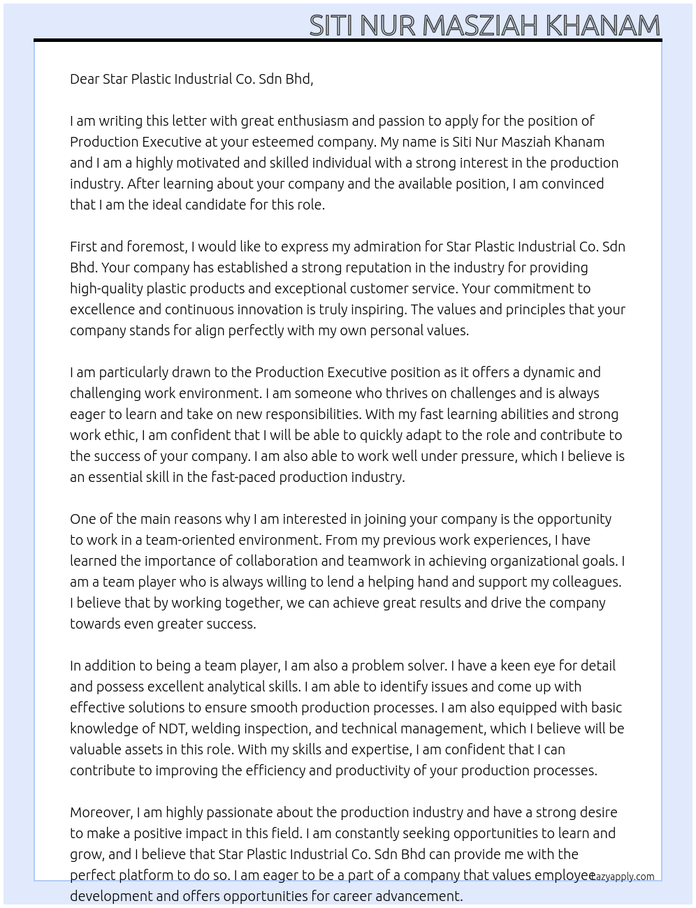 PRODUCTION EXECUTIVE At Star Plastic Industrial Co. Sdn Bhd Cover Letter