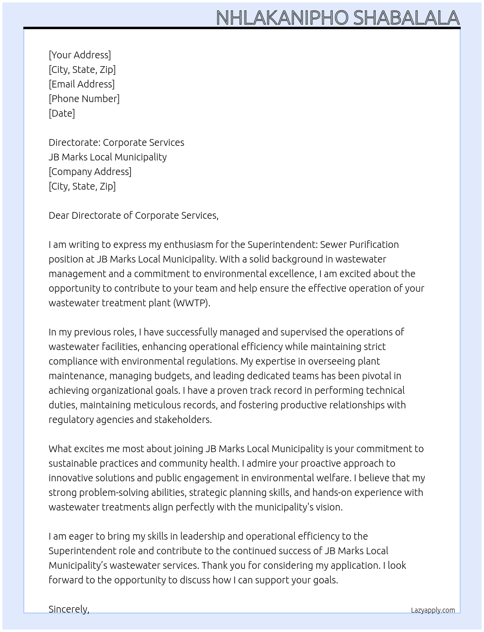 Superintendant: Sewer purification At JB Marks Local Municipality Cover Letter
