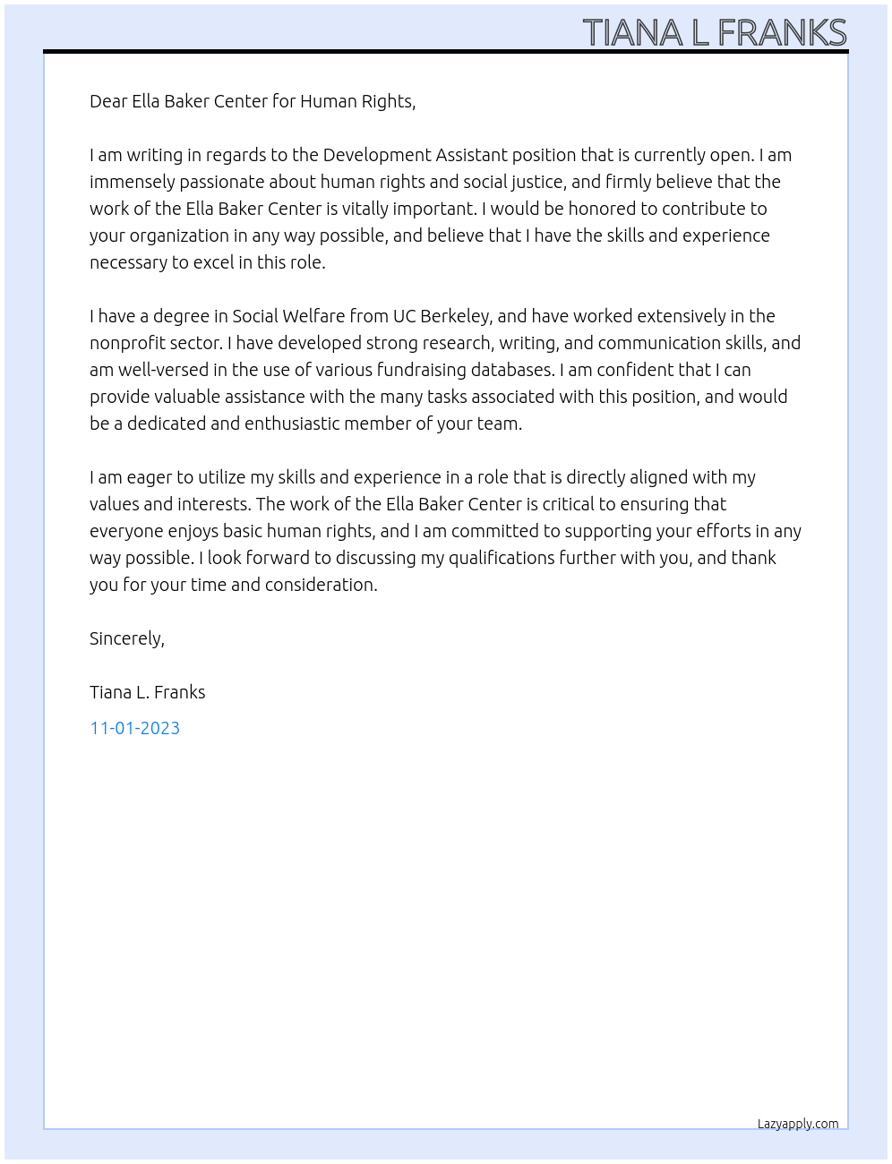 Development Assistant At Ella Baker center for human rights Cover Letter