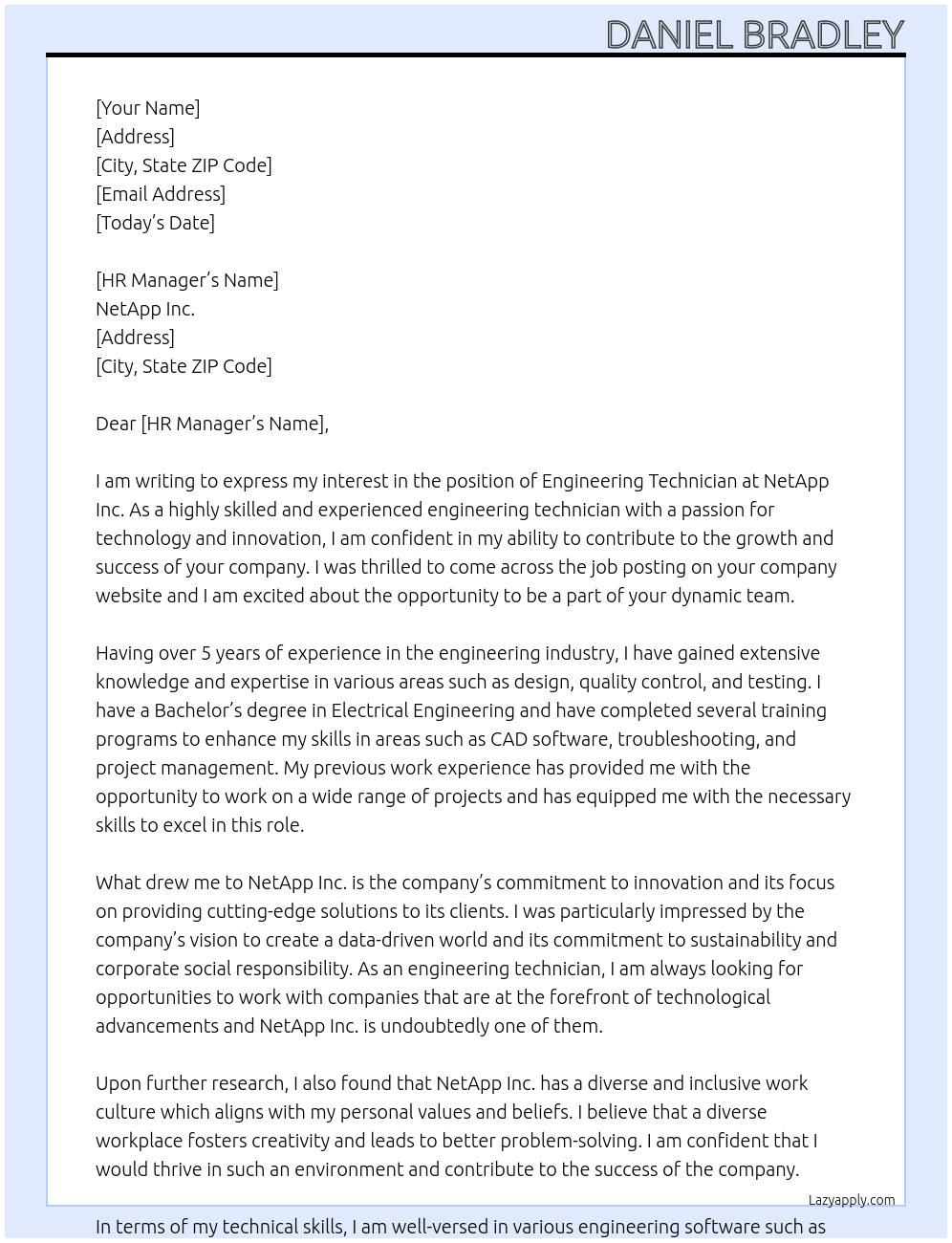 Engineering Technician At NetApp Inc. Cover Letter