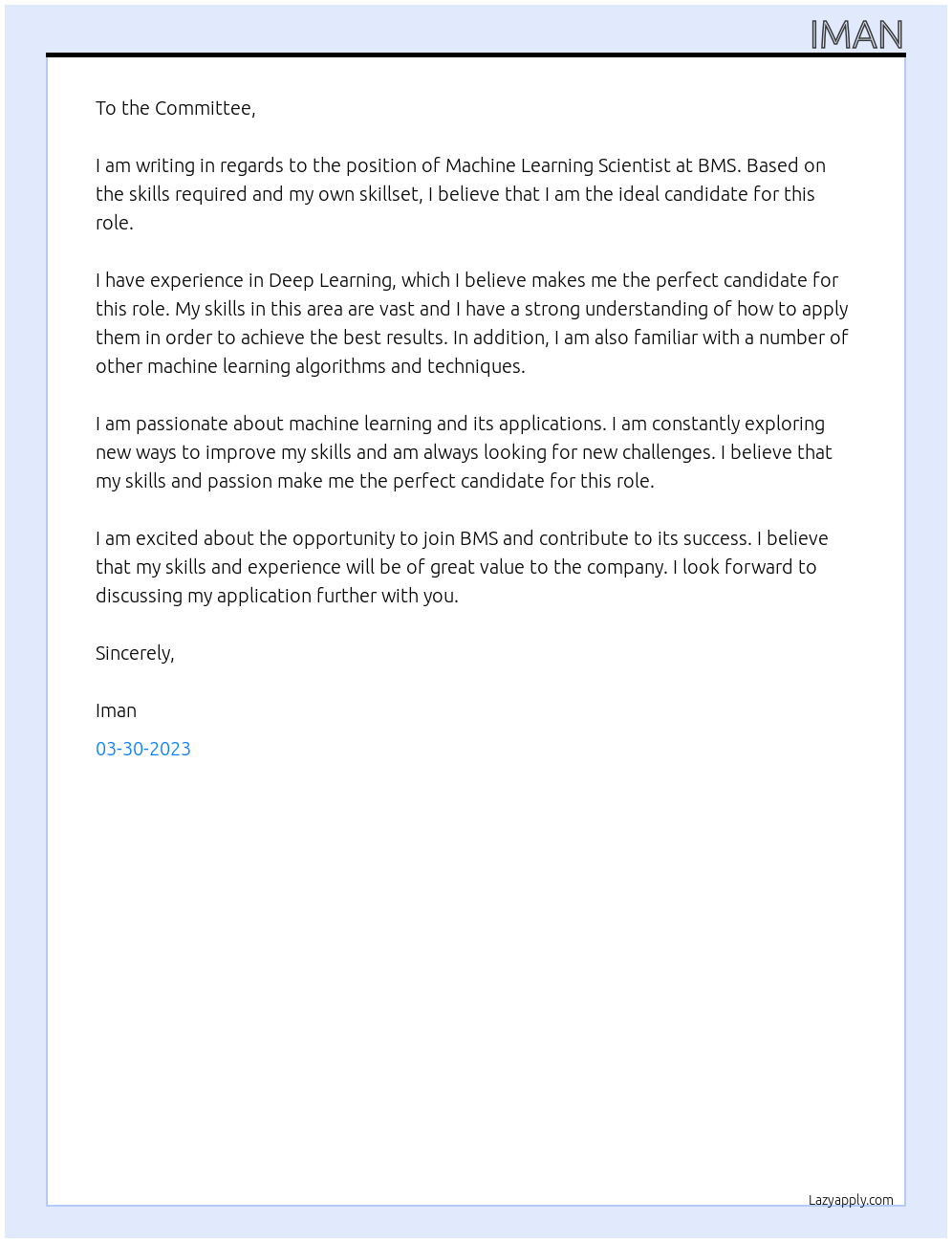 Machine learning scientist At BMS Cover Letter