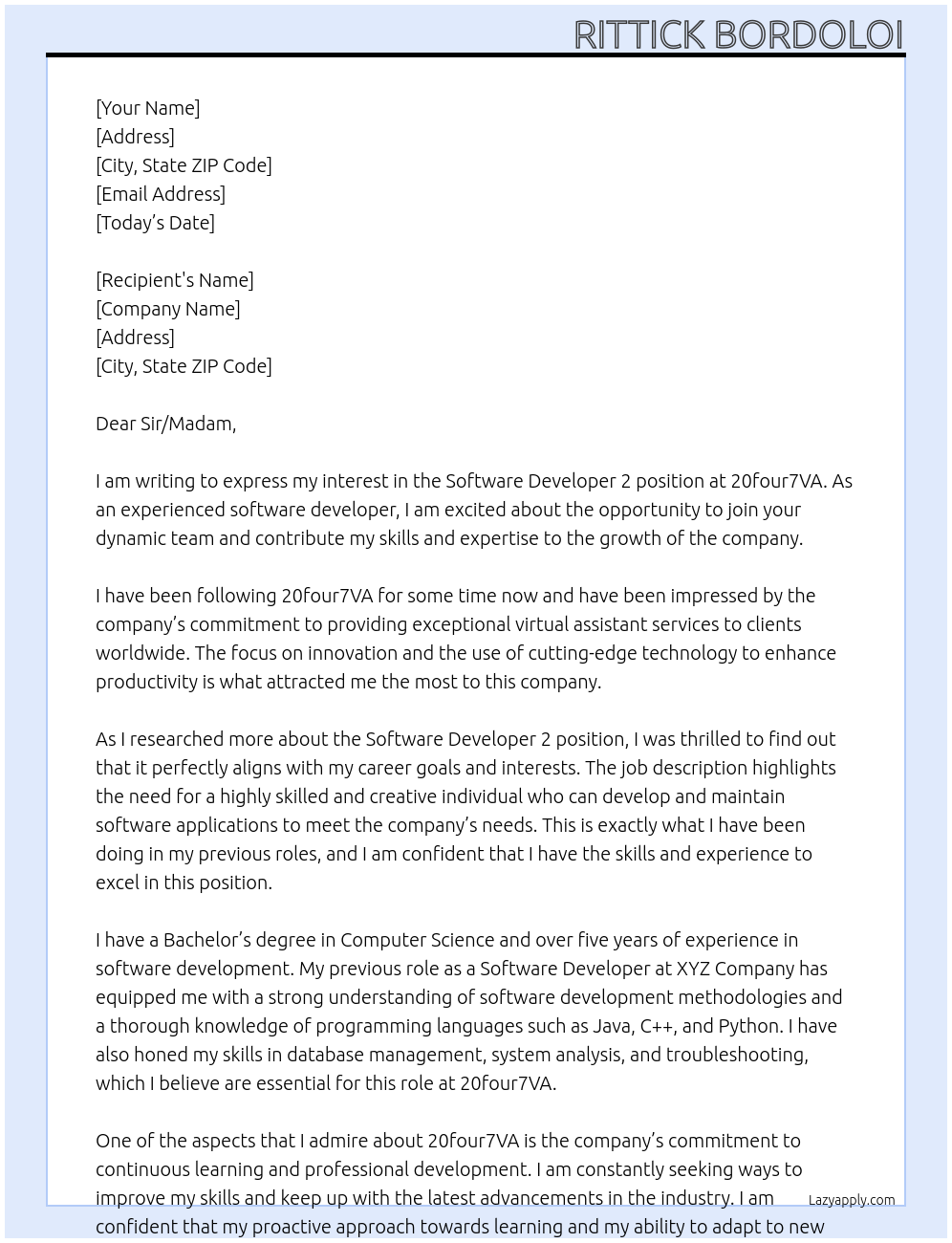 Software Developer 2 At 20four7VA Cover Letter