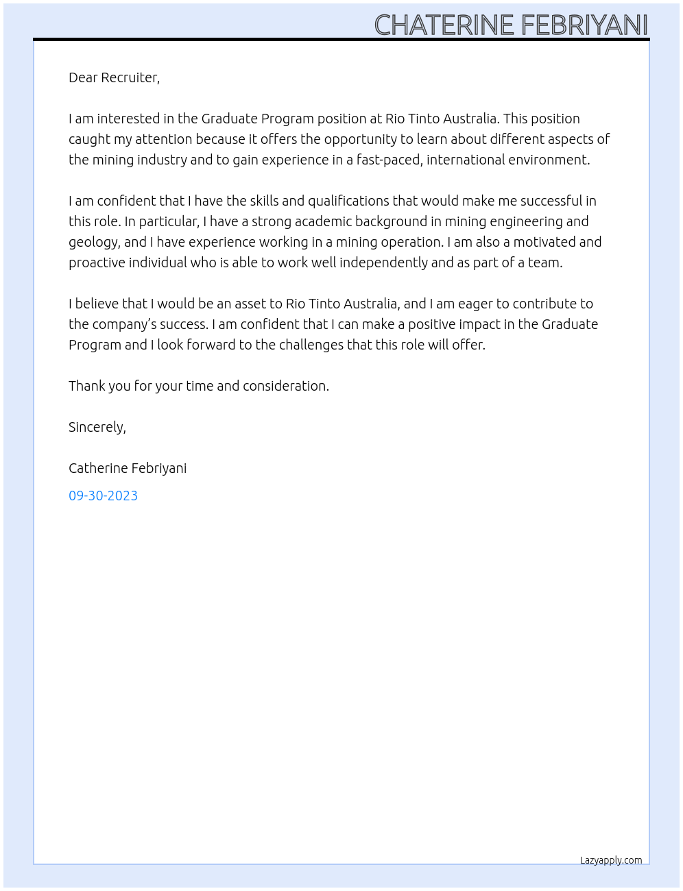 Graduate Program At Rio Tinto Australia Cover Letter