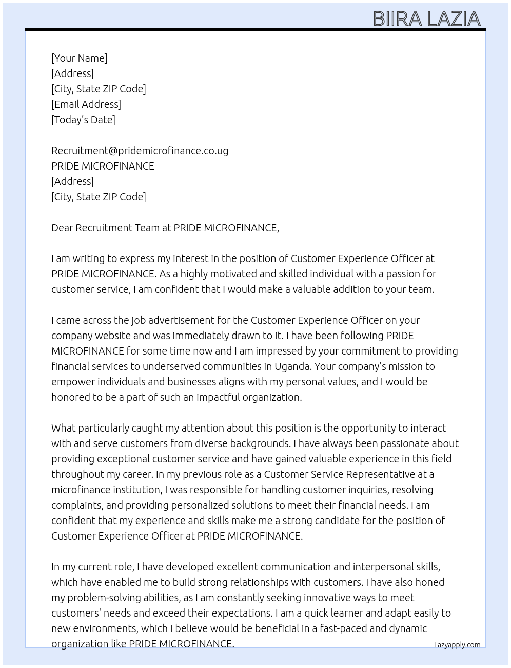 Customer experience officer At PRIDE MICROFINANCE Cover Letter