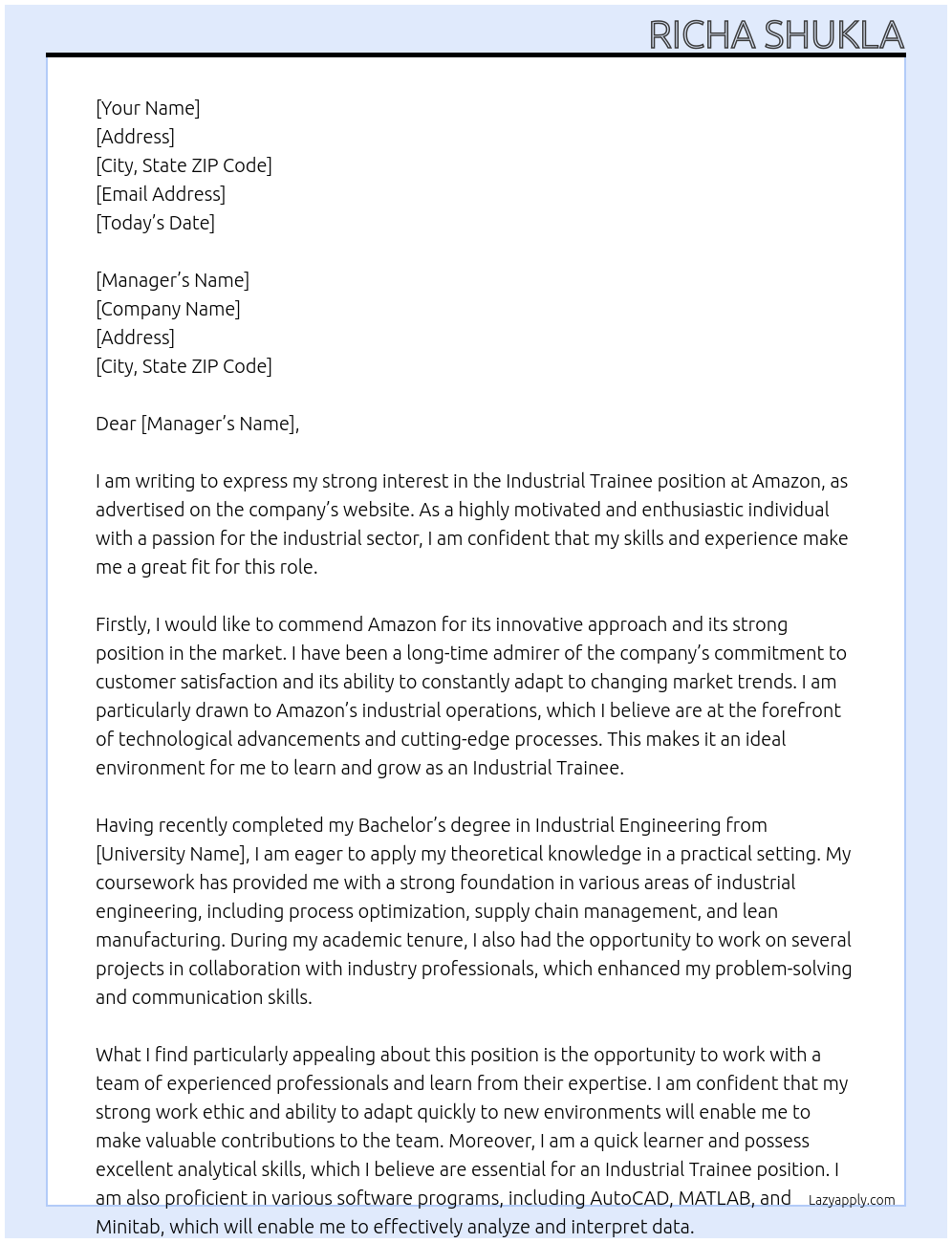 Industrial trainee At Amazon Cover Letter