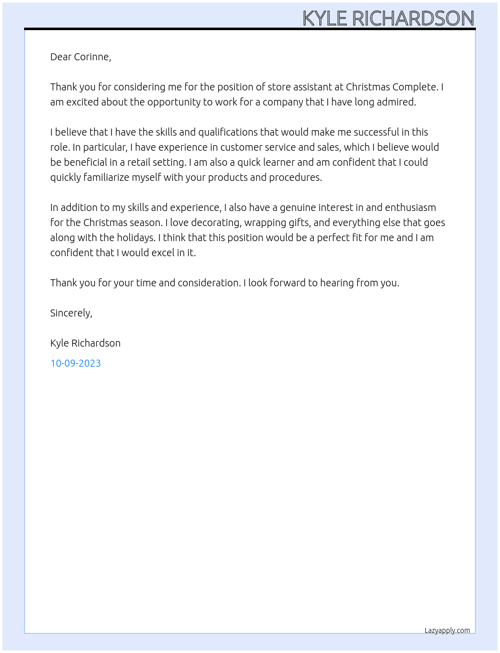 Store assistant At Christmas complete Cover Letter