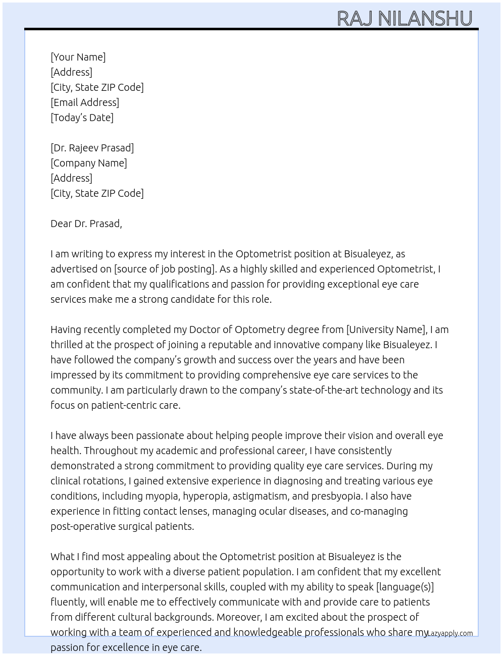 Optometrist At Bisualeyez Cover Letter