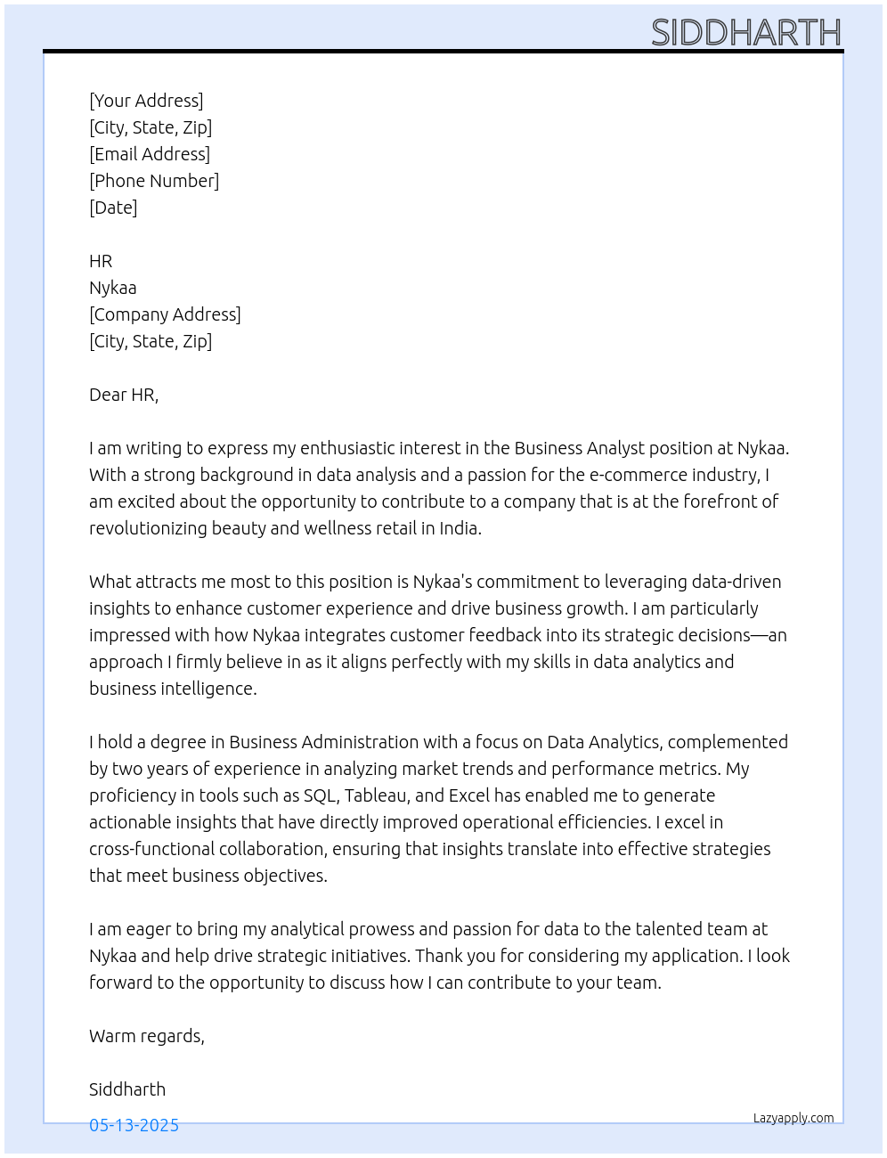 bussiness analyst At nykaa Cover Letter