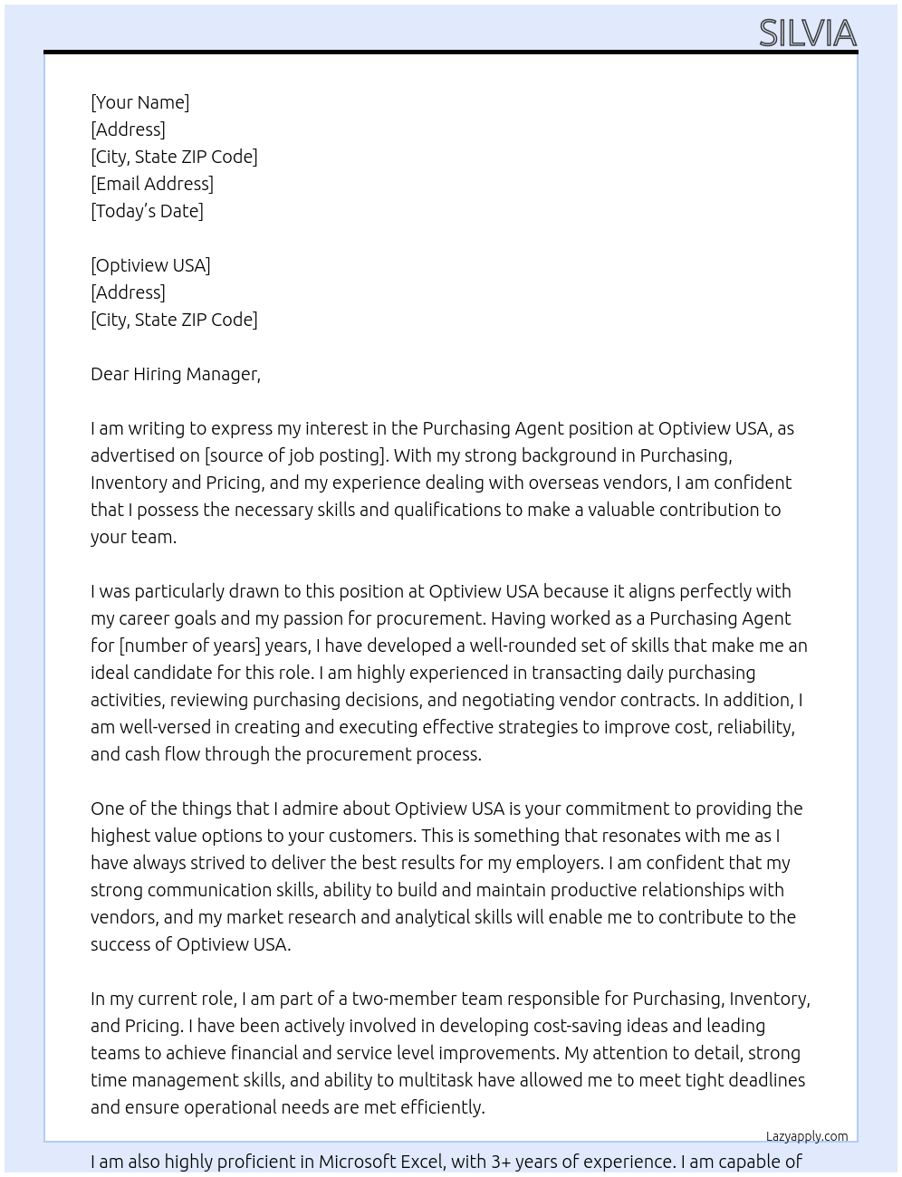 Purchasing Agent At Optiview USA Cover Letter