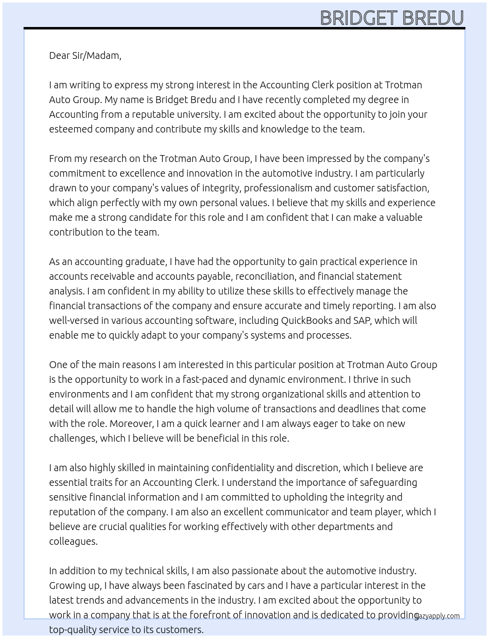 Accounting Clerk At Trotman Auto Group Cover Letter