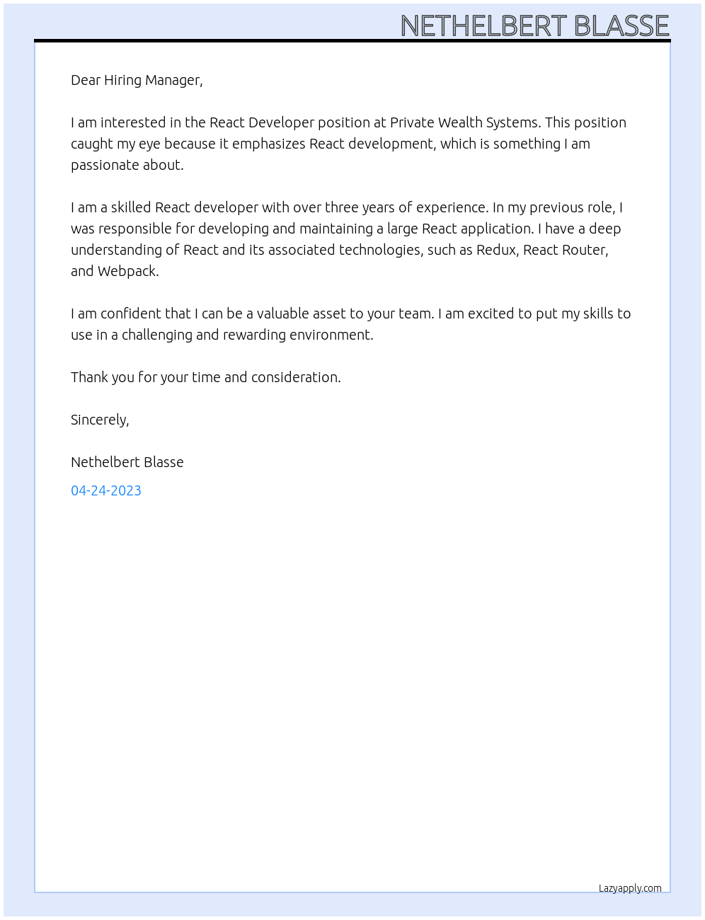 React Developer At Private Wealth Systems Cover Letter