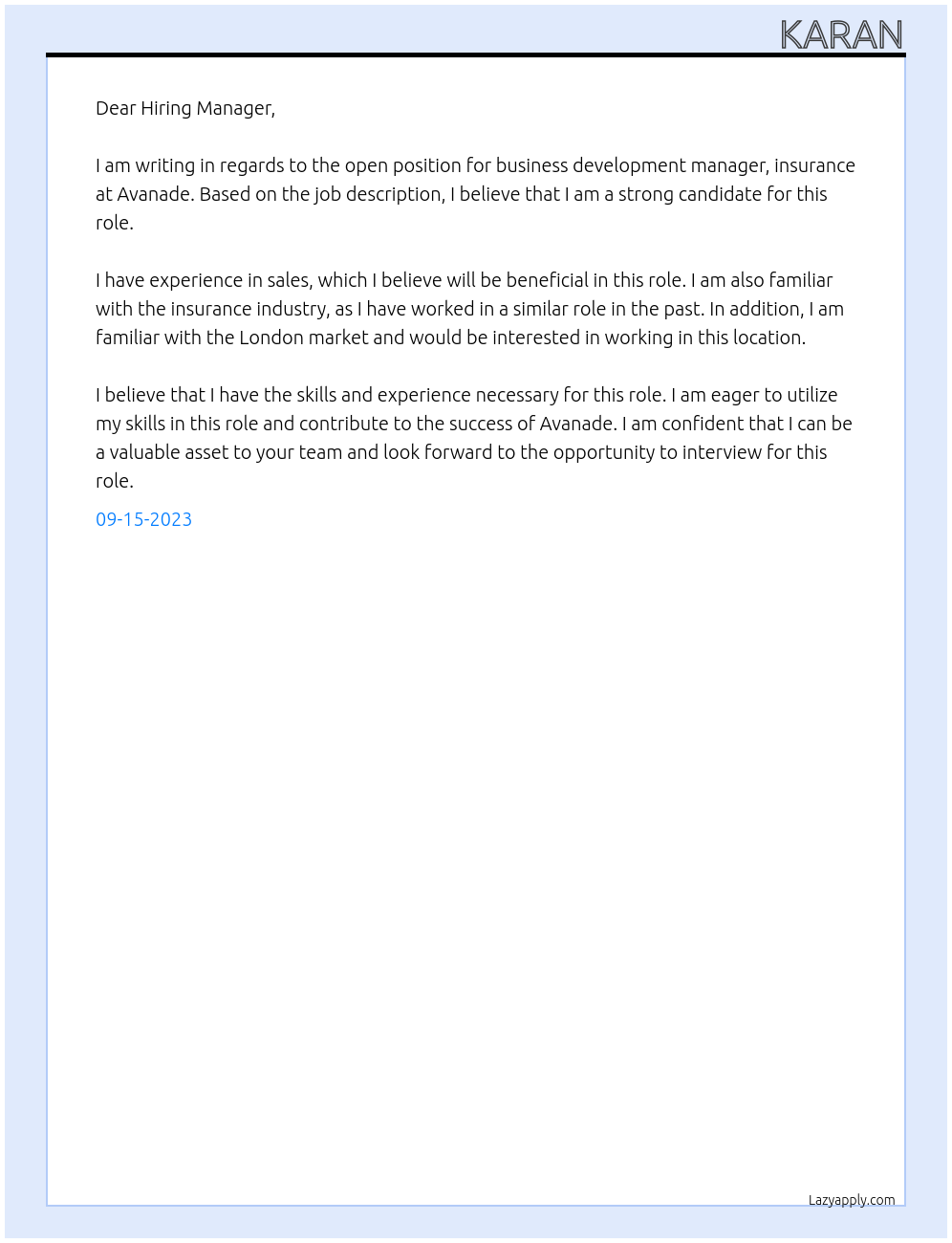 business development manager, insurance At Avanade Cover Letter