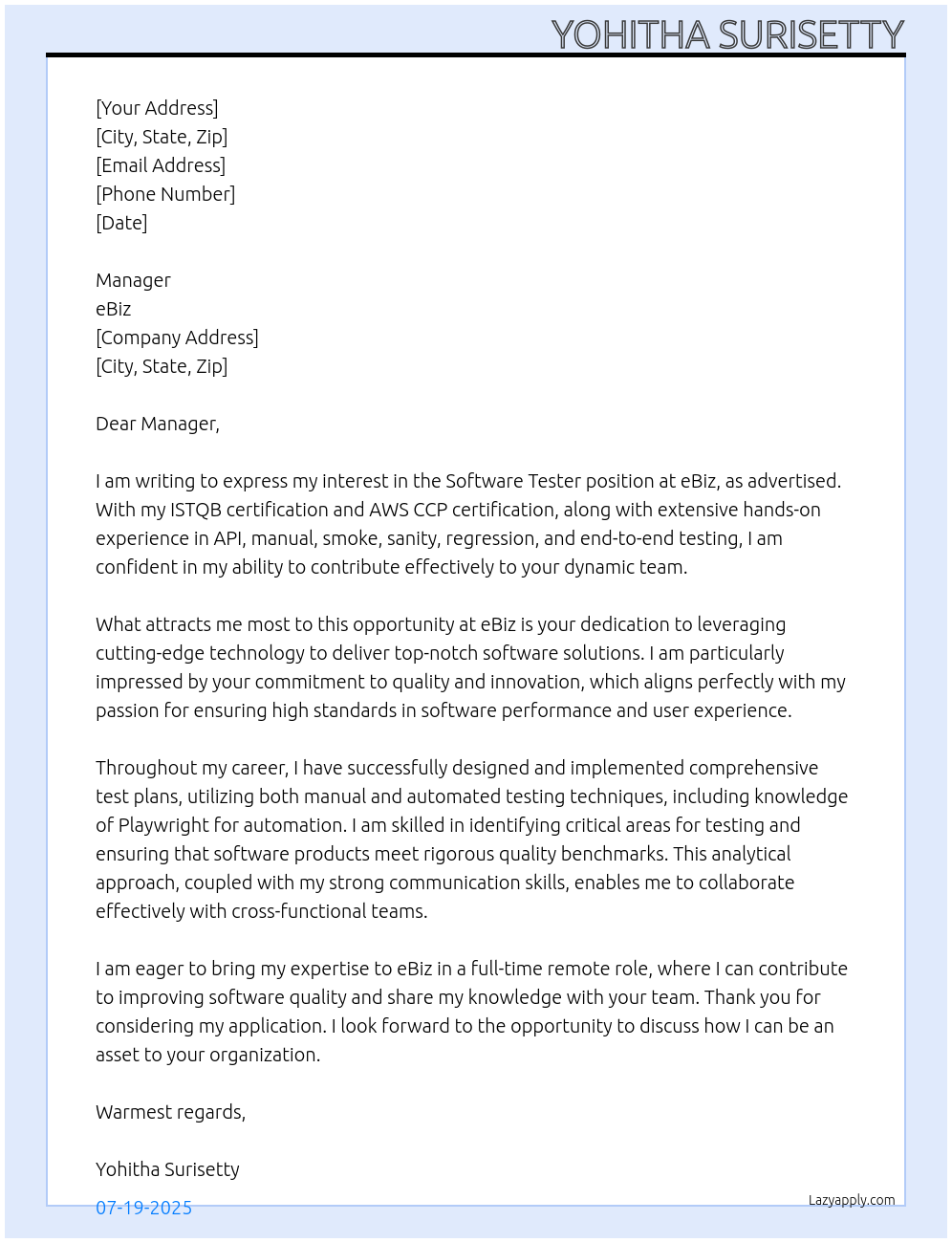 Software Tester At eBiz Cover Letter