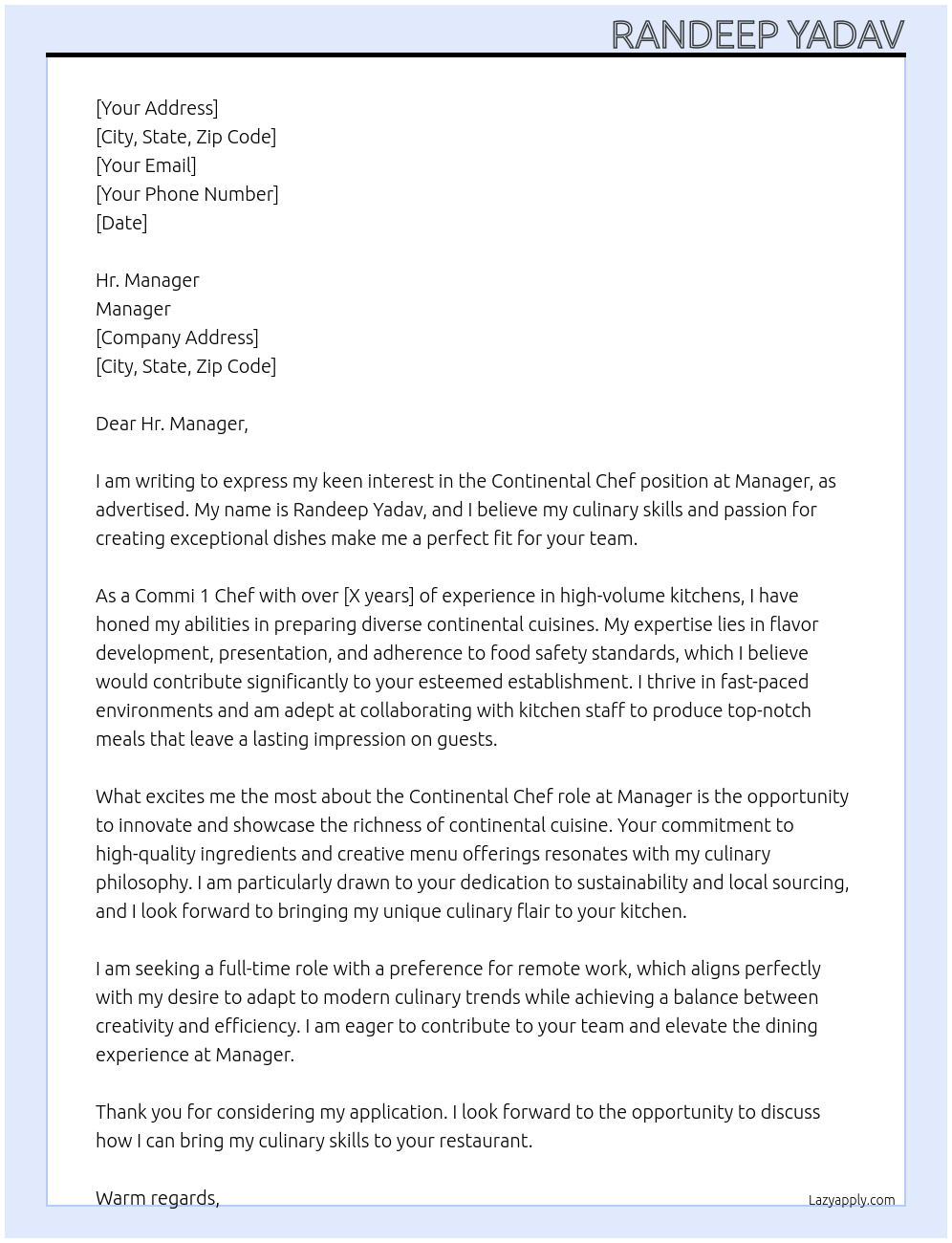 Continental chef At Manager Cover Letter